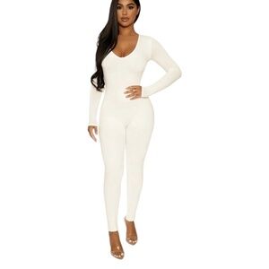 NAKED WARDROBE Deep Vee Neck Stretch Jumpsuit Soft Peachy Cream US Sz M